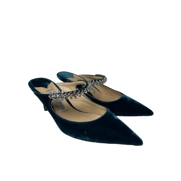 JIMMY CHOO Blue Velvet Crystal Strap Bling Pointed Toe Mules Heels 37.5 US 7.5 - Picture 3 of 8